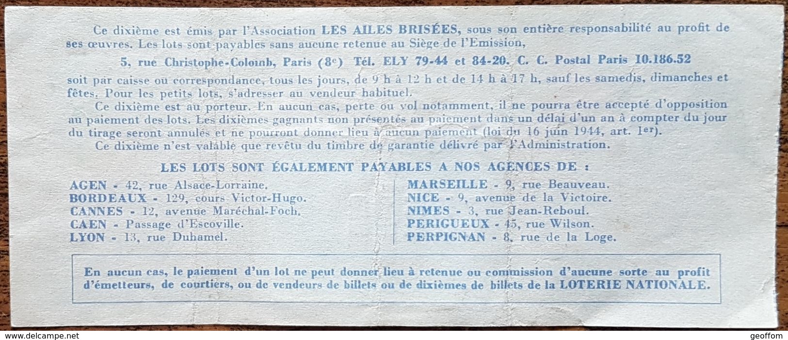 Billet De Loterie Nationale 1963 7e Tranche Groupe 4 - LES AILES BRISÉES - 1/10 Un Dixième - 3 NF - J. J. Rousseau - Lotterielose