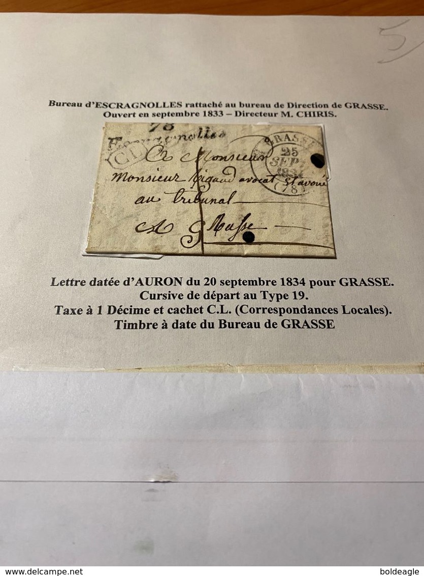 LETTRE DATEE D'AURON DU 20/09/1834 Pour  GRASSE -CACHET CL ( Correspondance Locales ) -DESCRIPTIF GENERAL VOIRE SCAN - 1801-1848: Precursors XIX