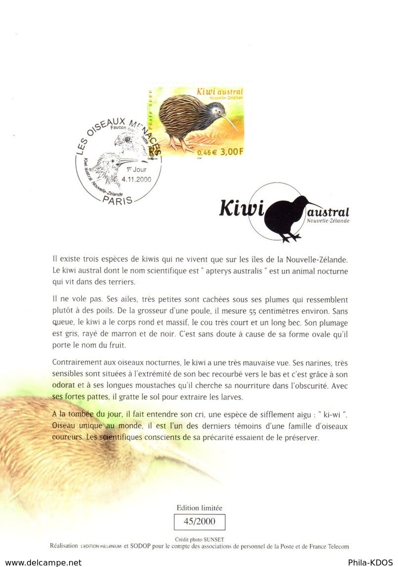 FRANCE 2000 : Encart 1er Jour " FRANCE - AUSTRALIE /  KIWI " N° YT 3360. Parfait état. FDC - Kiwi's