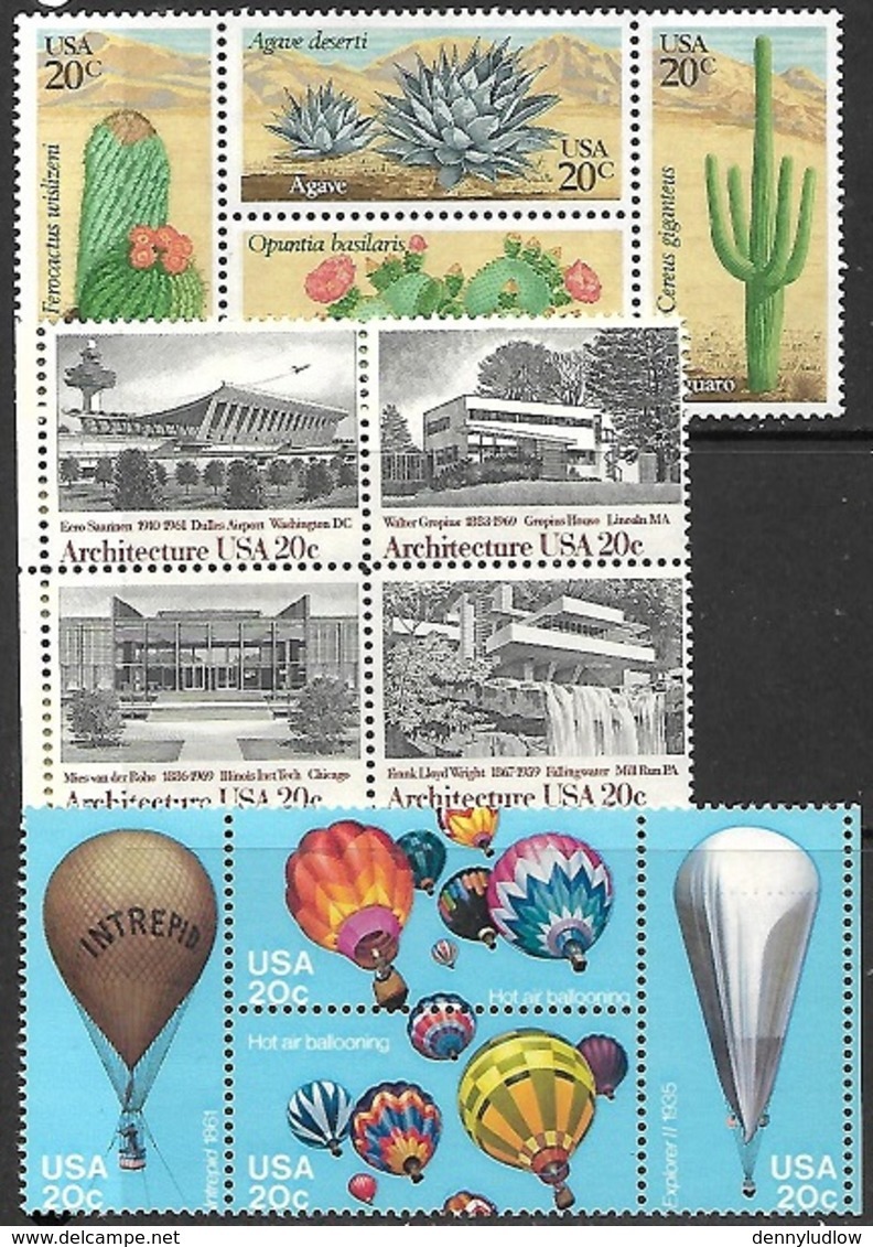 US 1981-3   3 Better 20c Setanet Blocks  MNH   Cactus, Architecture, Hot Air Balloons. - Unused Stamps
