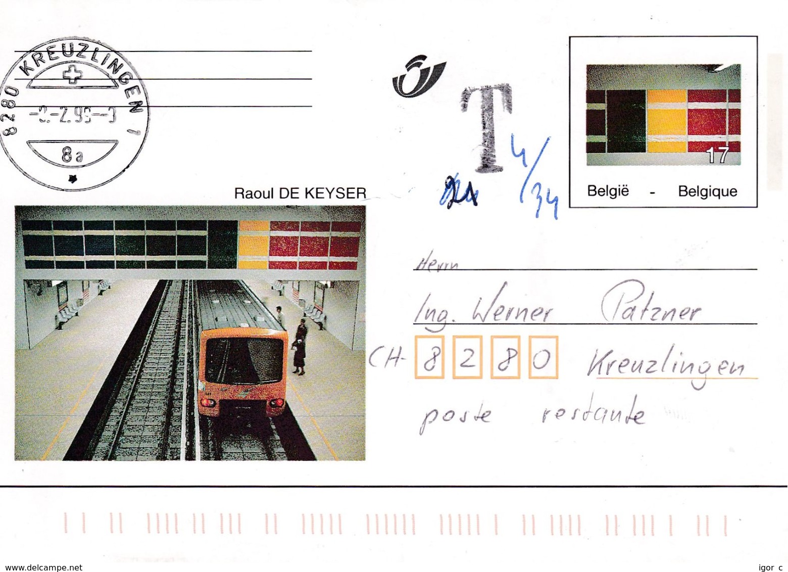 Belgium Belgie 1999 Stationery Card: Art Paintings P502: Raoul De Keyser; Train Railway Metro; Eisenbahn; Tax Taxe - Other & Unclassified