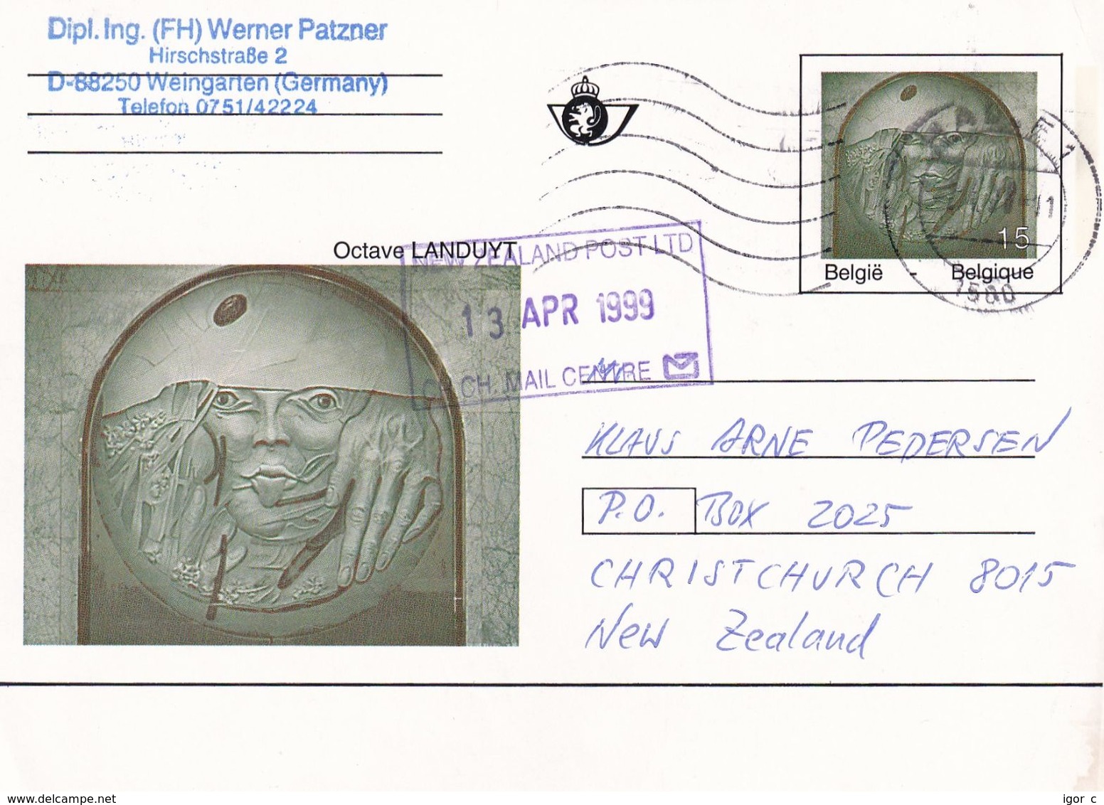 Belgium Belgie 1999 Stationery Card: Art Paintings P492: Octave Laduyt Art Sculpture; - Other & Unclassified