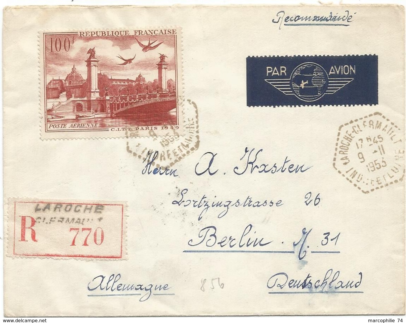 PA 100FR CITT SEUL LETTRE REC AVION C. PERLE LA ROCHE CLERMAULT 9.11.1953 POUR ALLEMAGNE - 1921-1960: Période Moderne