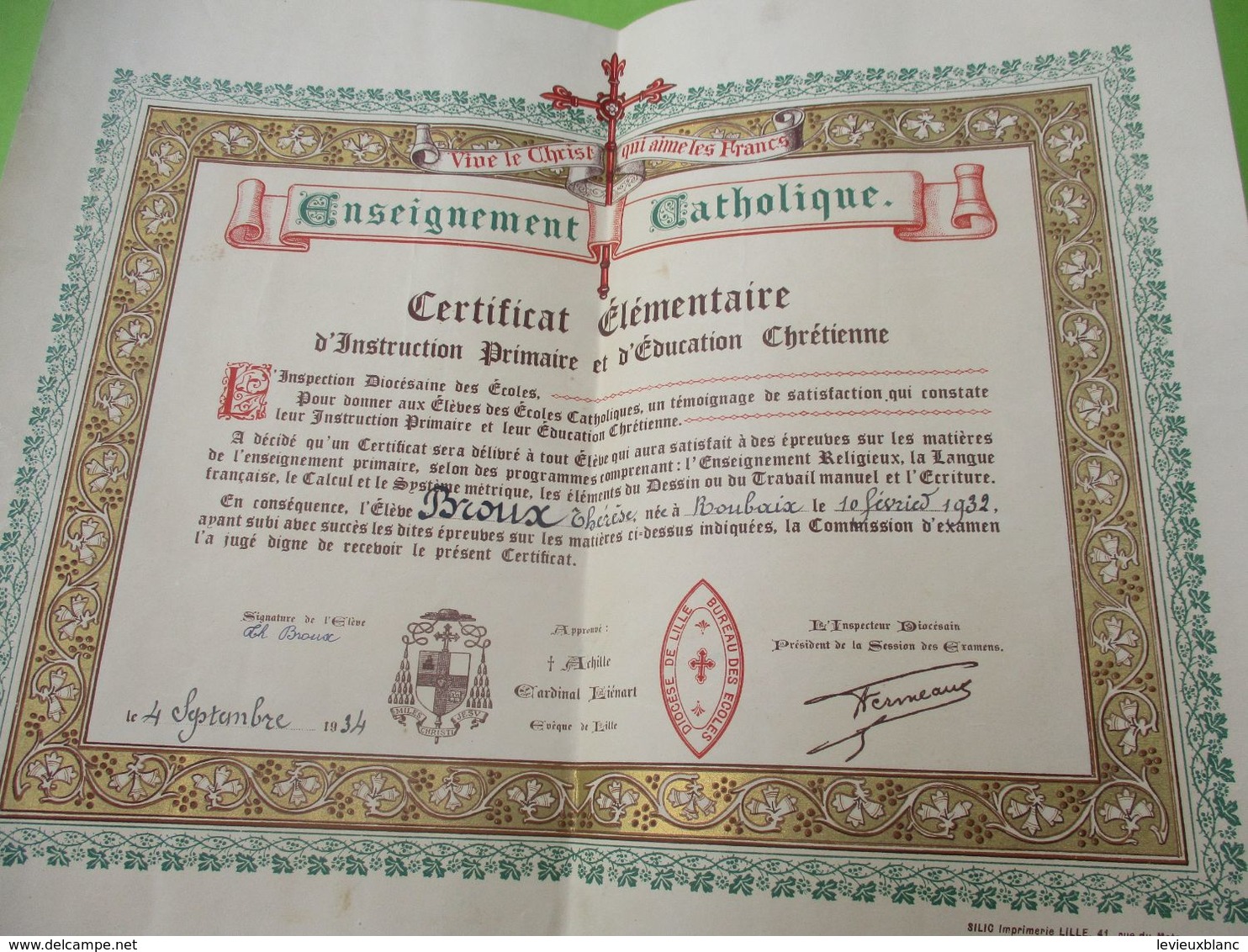 Diplôme Religieux/Enseignement Catholique/Vive Le Christ Qui Aime Les Francs/Certificat élémentaire/LILLE/1934    DIP250 - Diploma & School Reports