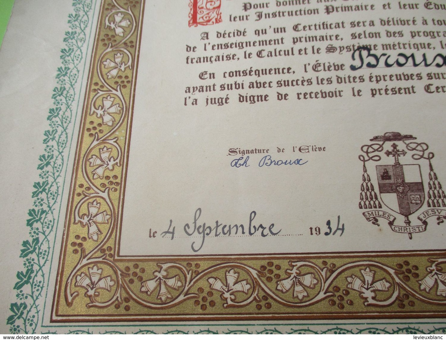 Diplôme Religieux/Enseignement Catholique/Vive Le Christ Qui Aime Les Francs/Certificat élémentaire/LILLE/1934    DIP250 - Diplome Und Schulzeugnisse