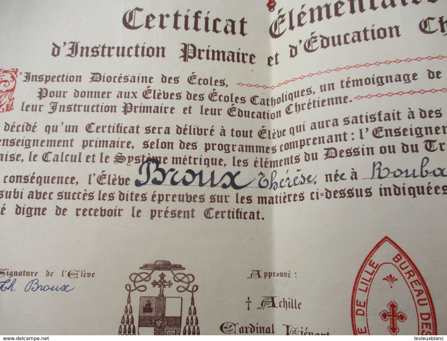 Diplôme Religieux/Enseignement Catholique/Vive Le Christ Qui Aime Les Francs/Certificat élémentaire/LILLE/1934    DIP250 - Diplome Und Schulzeugnisse