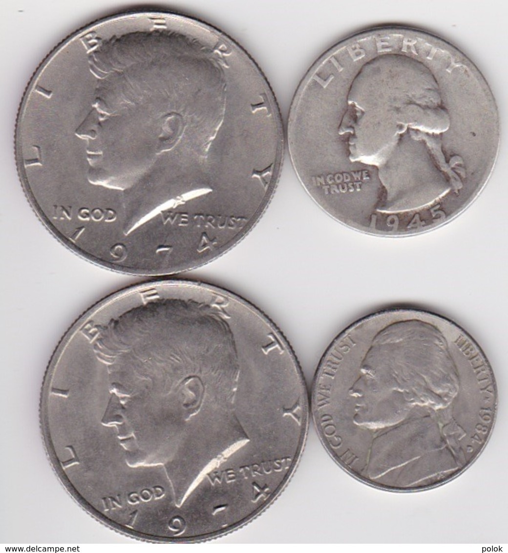 Lot De 4 Pièces Dollars US (quarter Dollar Argent 1945 + 2 X Half Dollar 1974 + Five Cents 1984) - Collections