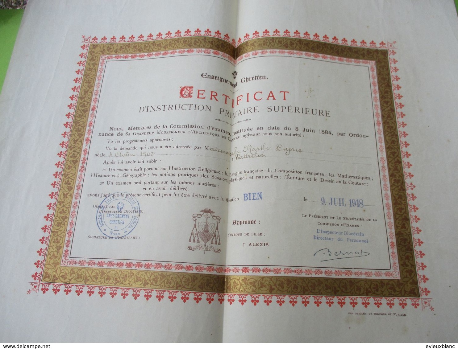 Diplôme Religieux/Enseignement Chrétien/Certificat D'Instruction Primaire Supérieure/Mention BIEN/LILLE/1918    DIP247 - Diploma's En Schoolrapporten