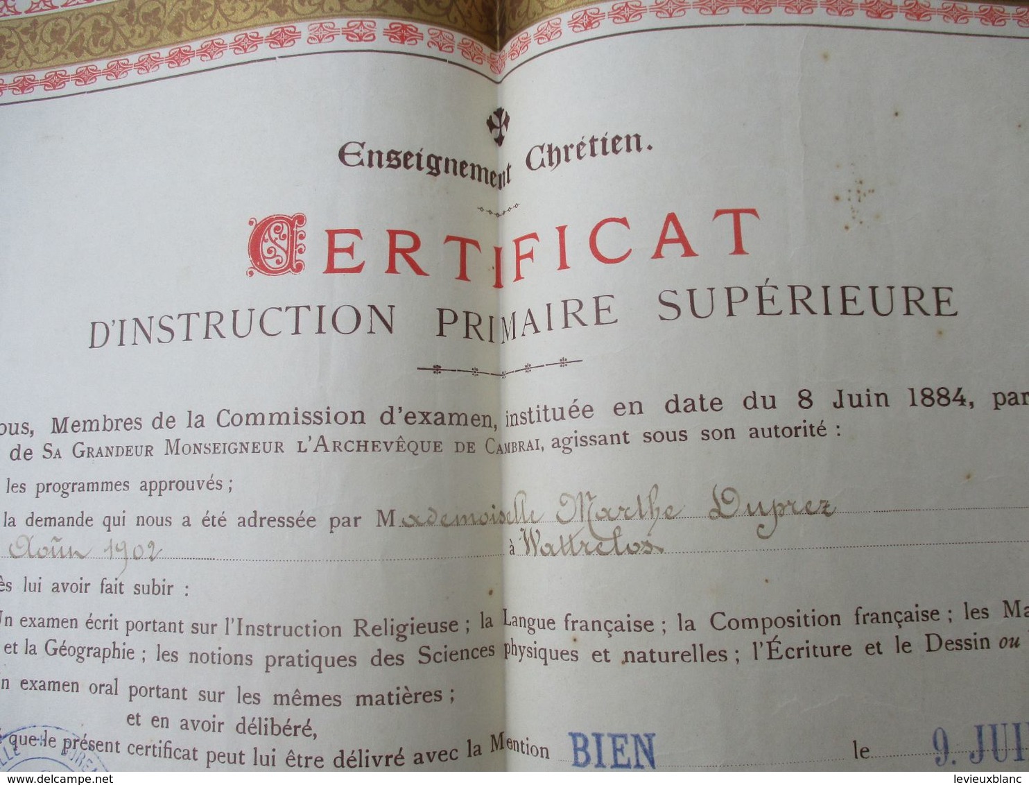 Diplôme Religieux/Enseignement Chrétien/Certificat D'Instruction Primaire Supérieure/Mention BIEN/LILLE/1918    DIP247 - Diploma & School Reports