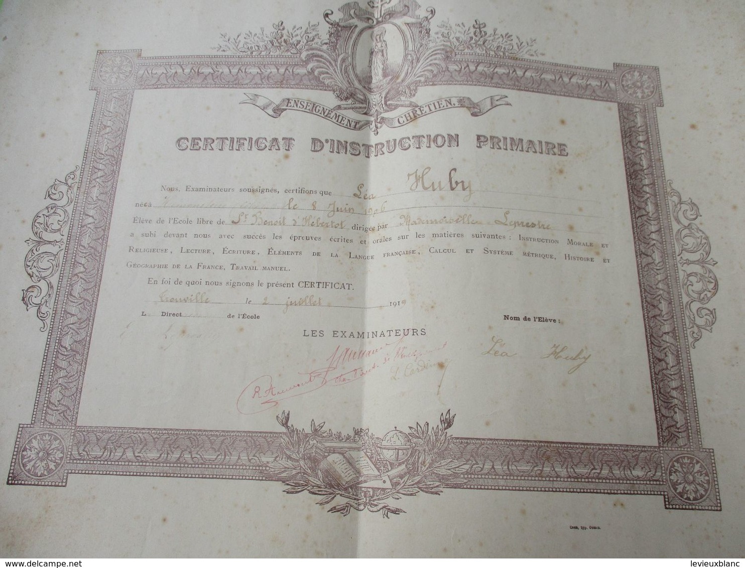 Diplôme Religieux/Enseignement Chrétien/Certificat D'Instruction Primaire /St Benoit D'Hébertot/ TROUVILLE/1919   DIP255 - Diploma's En Schoolrapporten