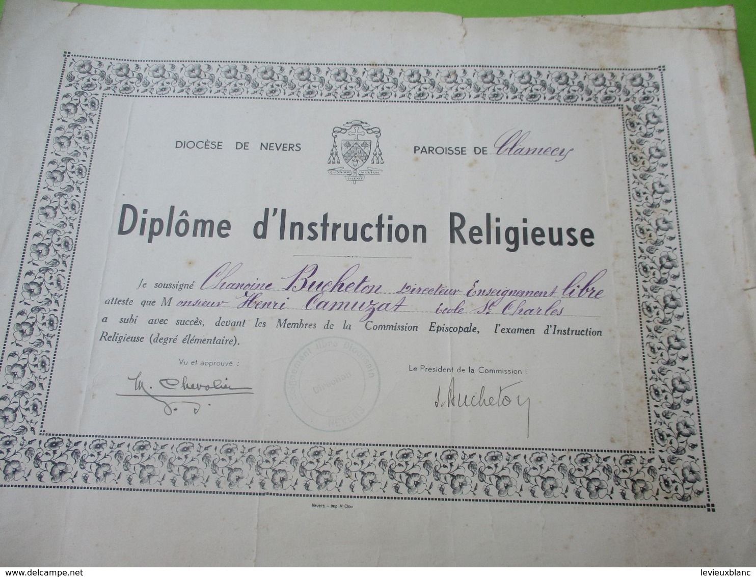 Diplôme D'Instruction Religieuse/Attestation/Diocèse De NEVERS/Paroisse De Clamecy/Ecole St Charles/Vers 1940-45  DIP219 - Diploma's En Schoolrapporten