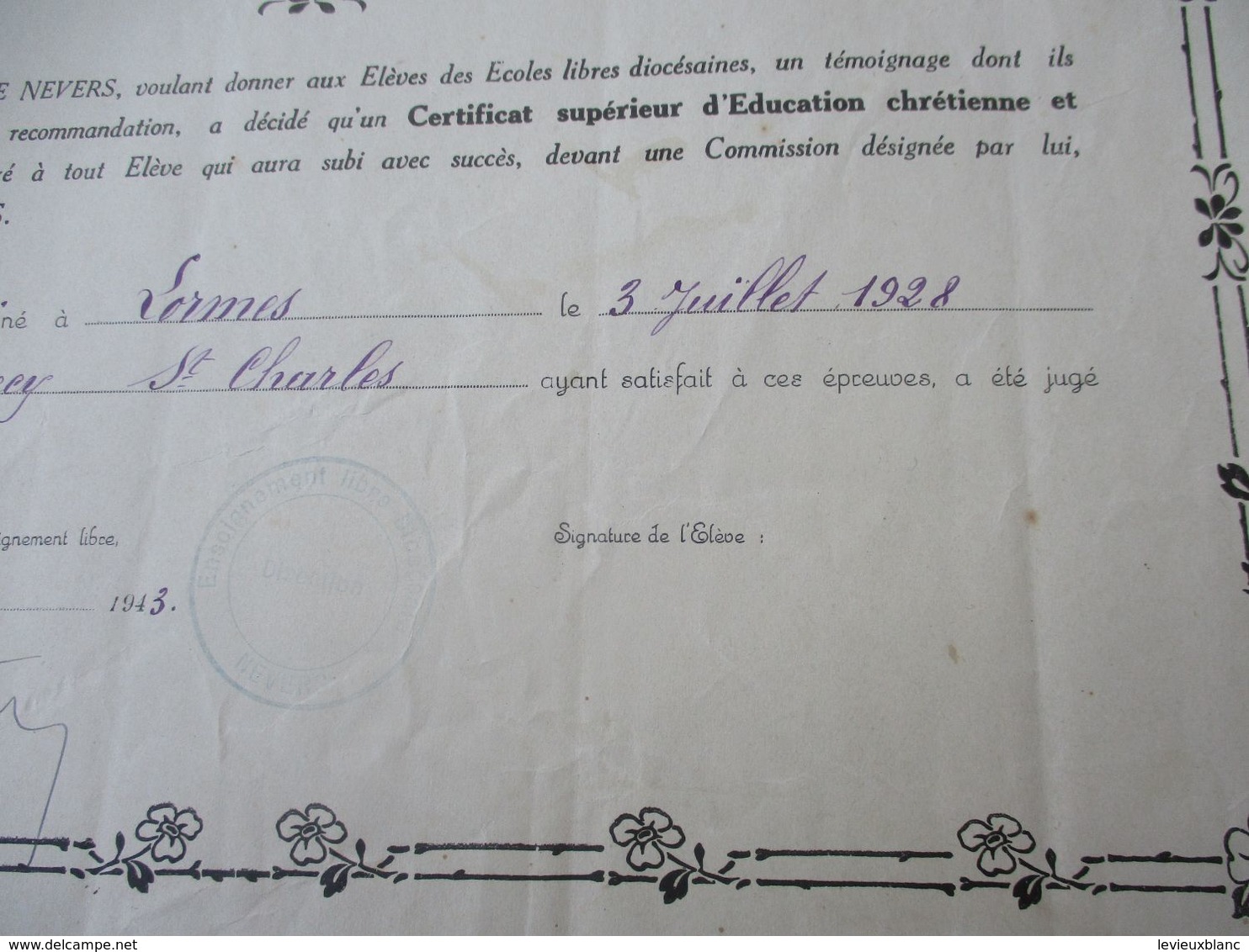 Diplôme Religieux/Certificat Supérieur D'Education Chrétienne /Diocèse NEVERS/ Clamecy/St Charles/1943  DIP221 - Diploma's En Schoolrapporten