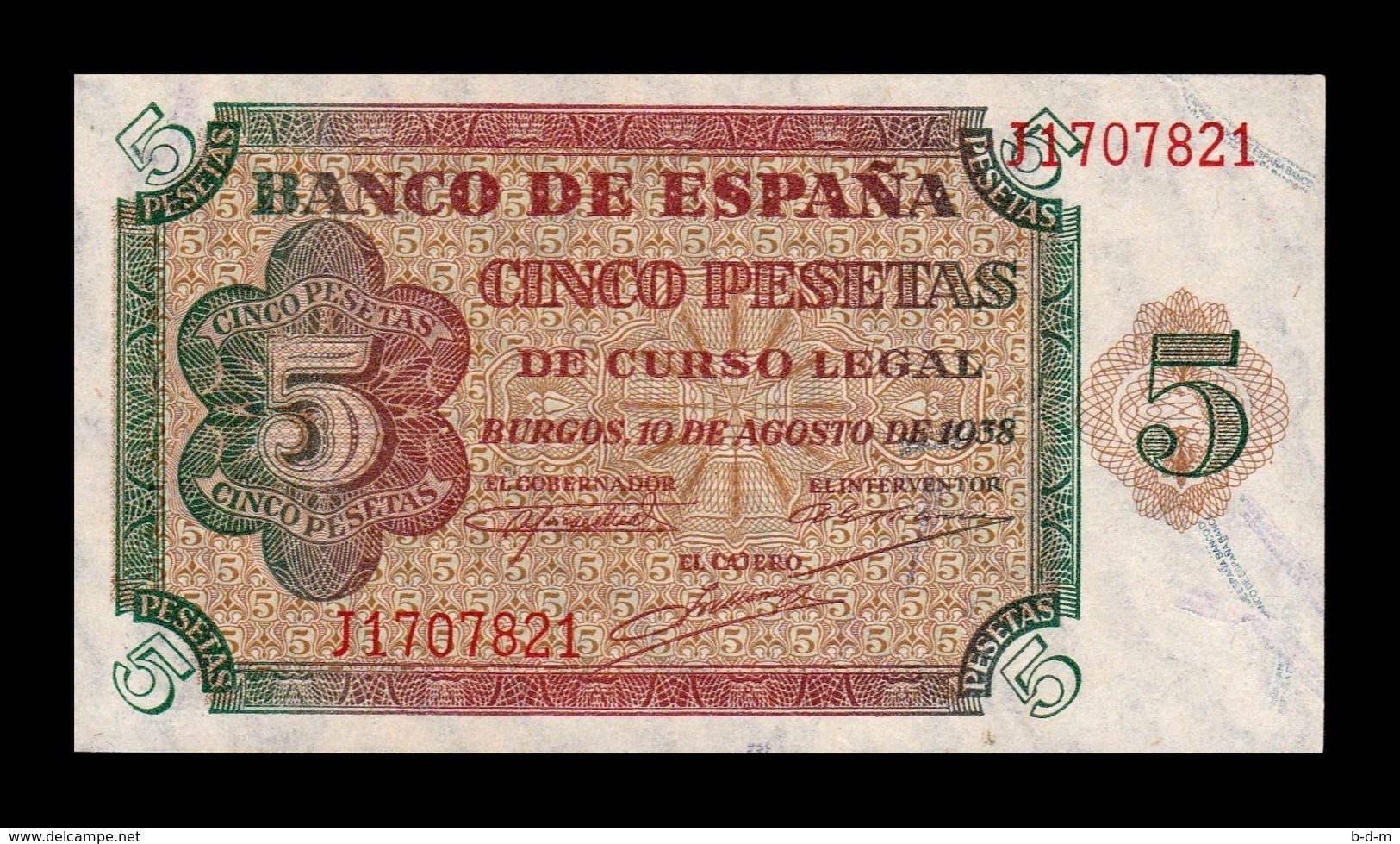 España Spain 5 Pesetas Burgos 1938 Pick 110 Serie J SC UNC - 5 Pesetas