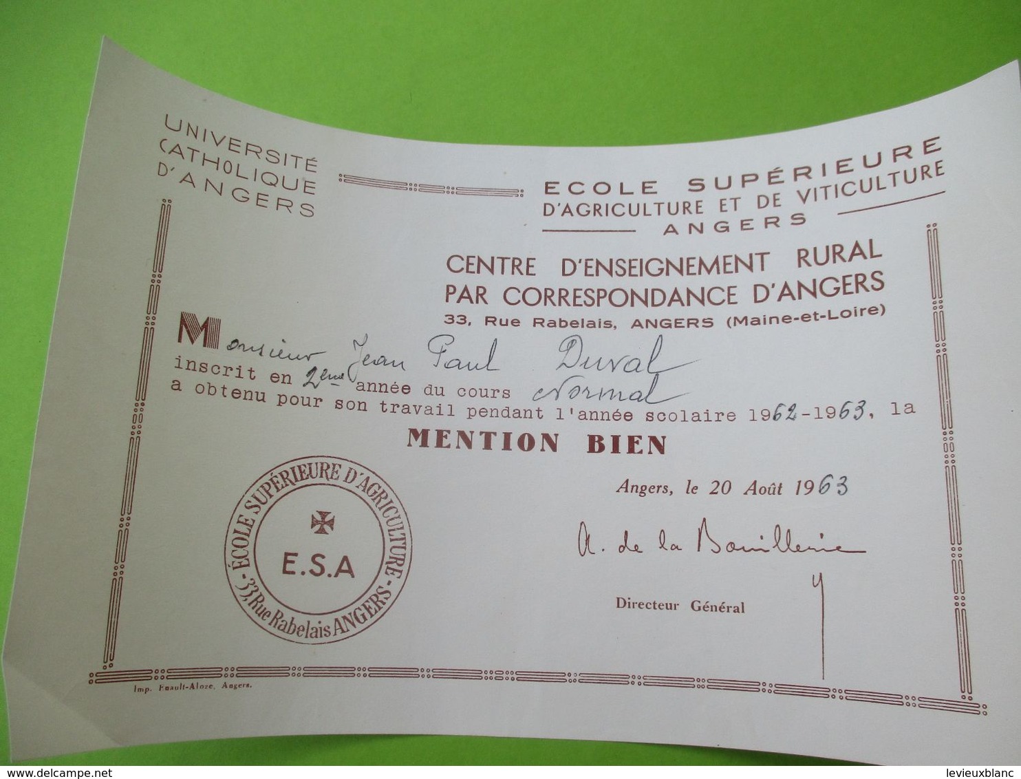 Diplôme Religieux/Université Catholique D'ANGERS/Agriculture Et Viticulture/JP DUVAL/ 2éme Année/1962-63  DIP226 - Diplômes & Bulletins Scolaires