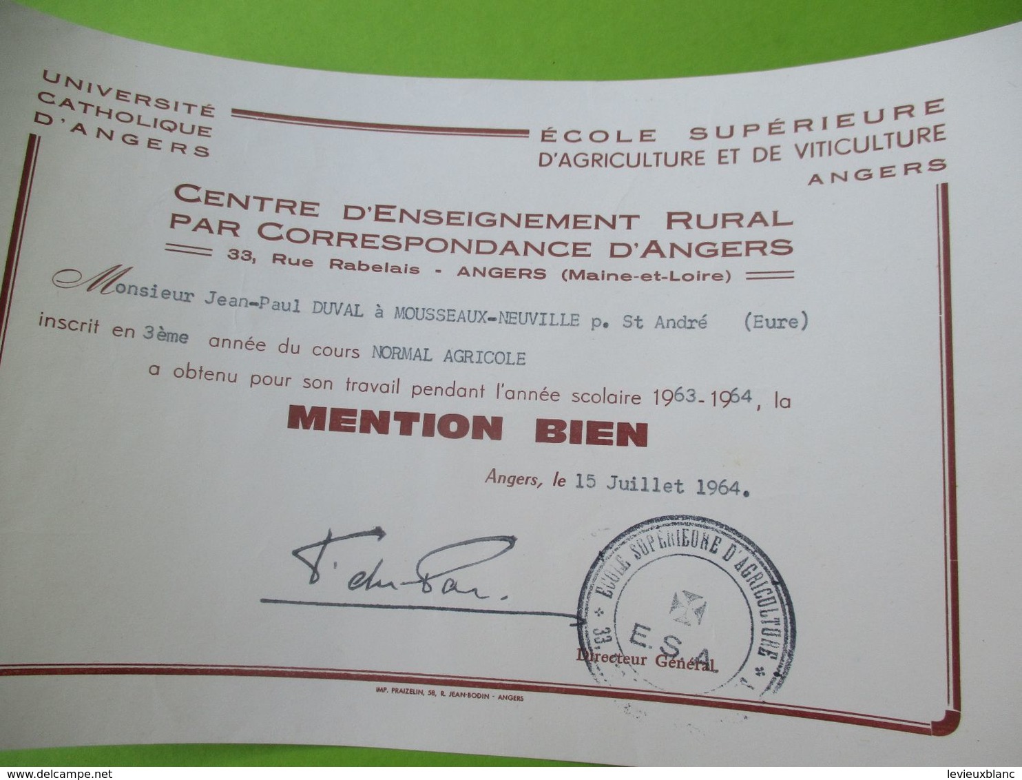 Diplôme Religieux/Université Catholique D'ANGERS/Agriculture Et Viticulture/JP DUVAL/ 3éme Année/1963-64  DIP227 - Diplomas Y Calificaciones Escolares