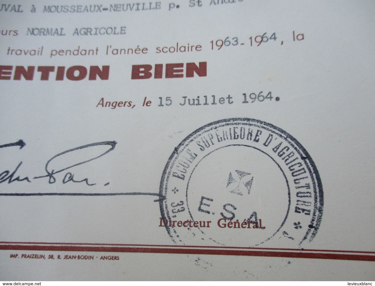 Diplôme Religieux/Université Catholique D'ANGERS/Agriculture Et Viticulture/JP DUVAL/ 3éme Année/1963-64  DIP227 - Diploma & School Reports