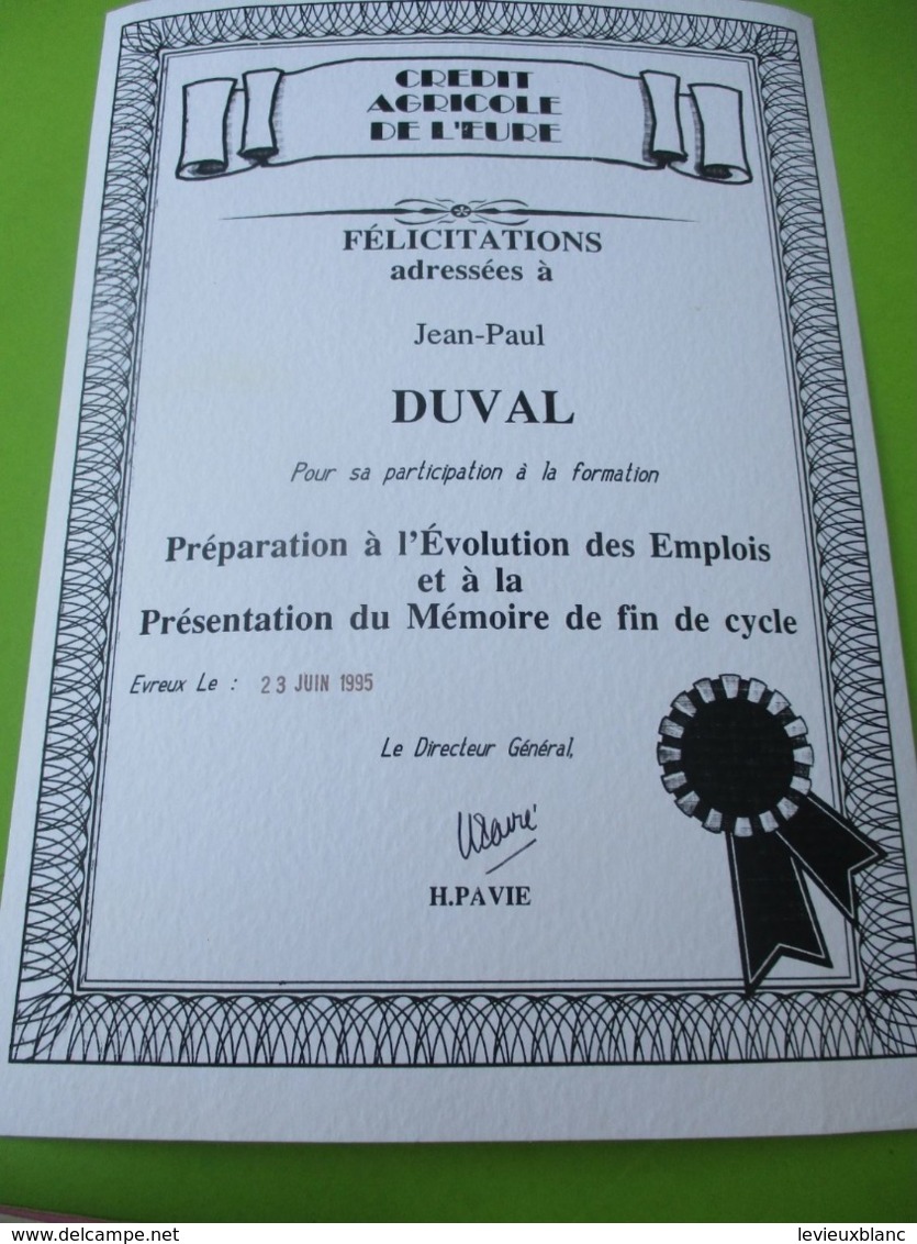 Attestation De Fin De Stage De Formation/Crédit Agricole De L'Eure/ EVREUX/ /JP DUVAL/ 1995  DIP235 - Diplomas Y Calificaciones Escolares