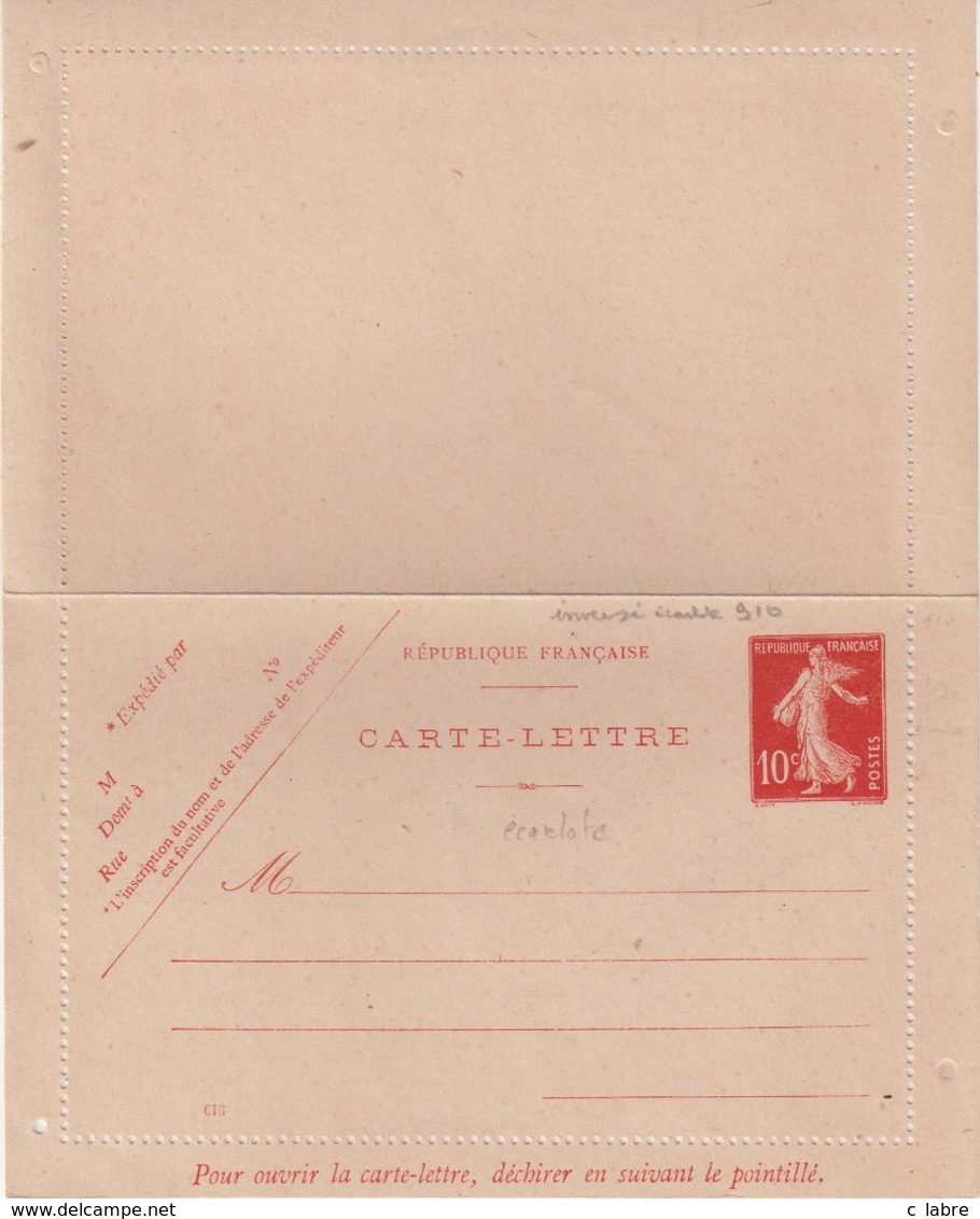 FRANCE : ENTIER POSTAL . CARTE LETTRE . 10 C ECARLATE . TYPE SEMEUSE . - Tarjetas Cartas