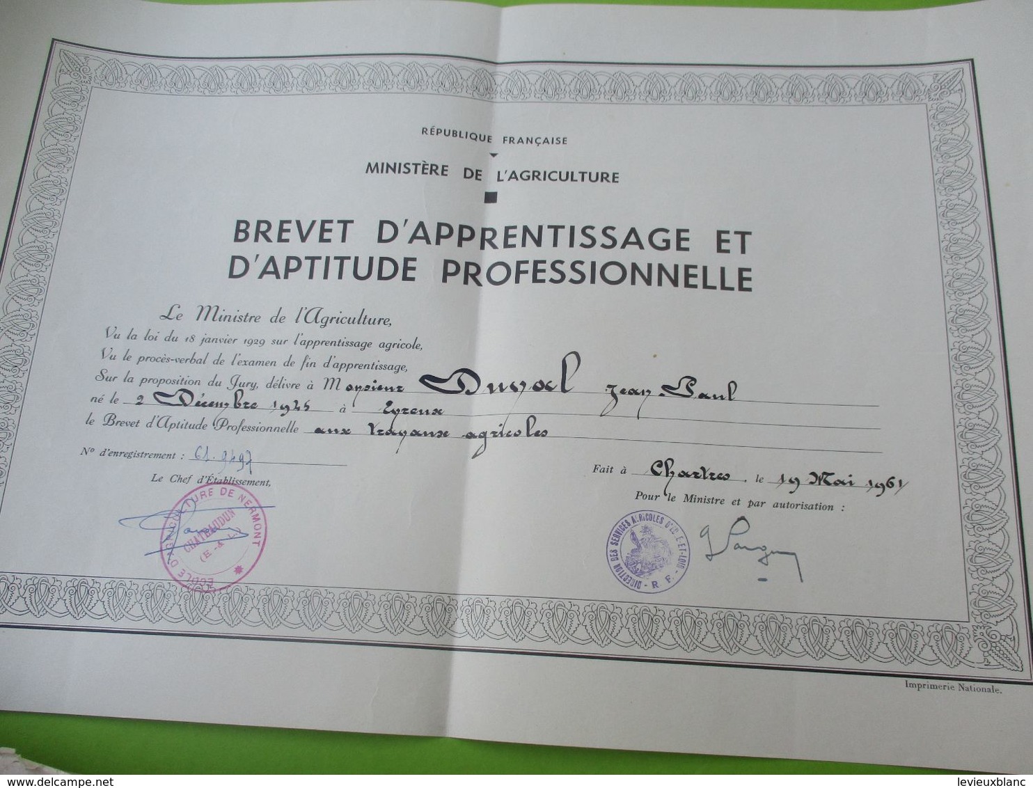 Diplôme Agricole/ Brevet D'Apprentissage /Ecole D'Agriculture De NERMONT/Châteaudun/ E & L/JP DUVAL/ 1961  DIP229 - Diplomas Y Calificaciones Escolares