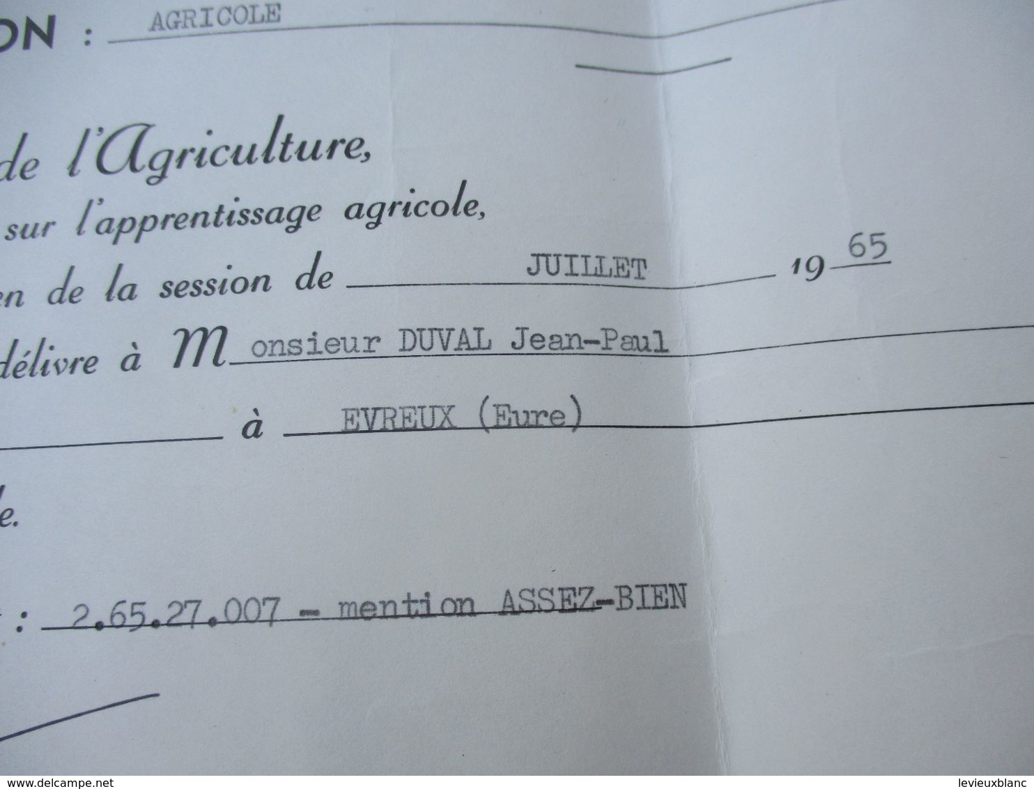 Diplôme Agricole/ Brevet Professionnel Agricole/ CERCA ANGERS/Mention Assez Bien /JP DUVAL/ 1965  DIP228 - Diploma & School Reports