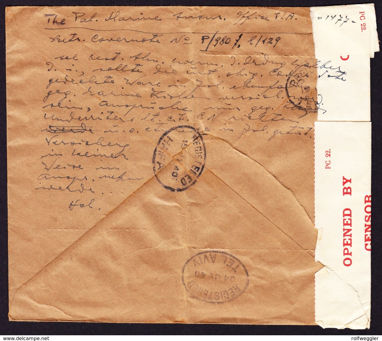 1940 Zensurierter R-Brief Aus Instanbul Nach Tel Aviv. Rückseitig Stempel Haifa Und Tel Aviv. - Covers & Documents