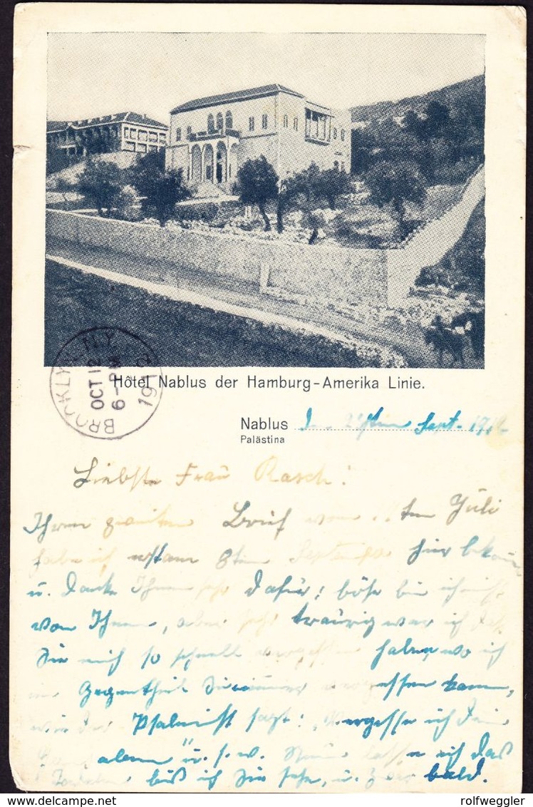 1912 AK Aus Nablus Hotel Der Hamburg-Amerika Linie Nach New York Gelaufen. Bedarfsspuren. - Palestine