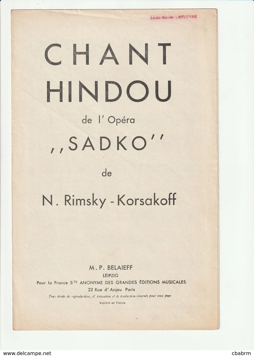 PARTITION CHANT HINDOU De L'Opéra SADKO De N. RIMSKY - KORSAKOFF En 1914 - Spartiti