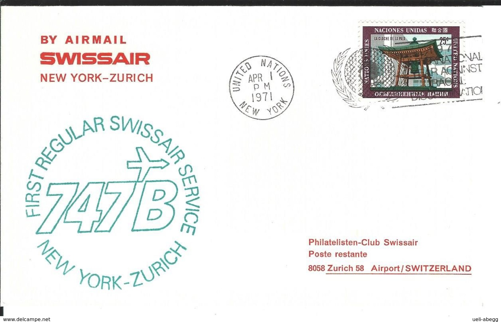 UNO New York Erstflug Swissair Mit B-747 New York-Zürich 1.4.71  RF 71.3f - Luftpost