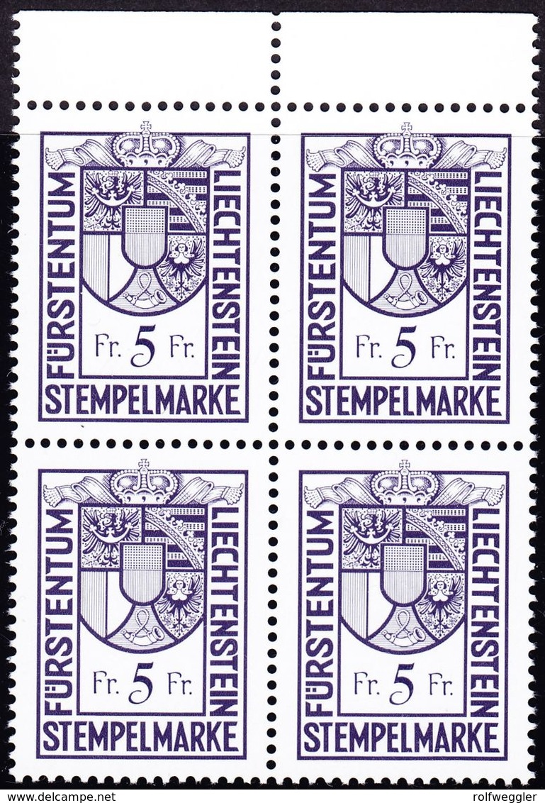 1950  Stempelmarken 5 Fr.dunkelblau, Im Postfrischen 4er Block.H.C. Kosel Ausgabe, Courvoisier. - Fiscaux