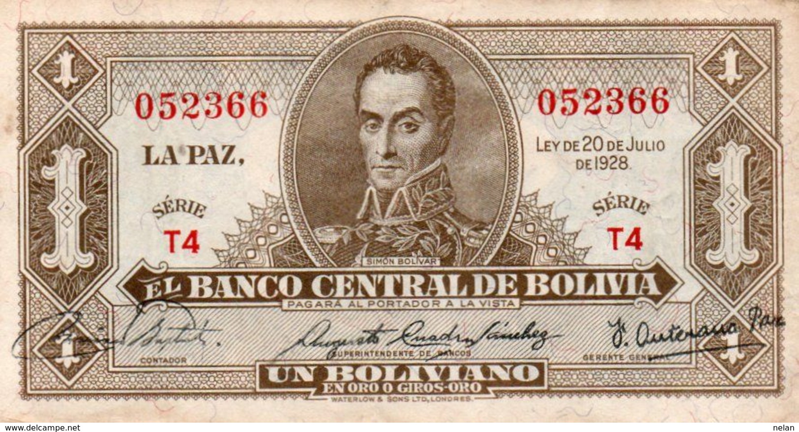 BOLIVIA 1 BOLIVIANO 1928 P-128a5  Xf+aUNC  SERIE  T4 - Bolivie