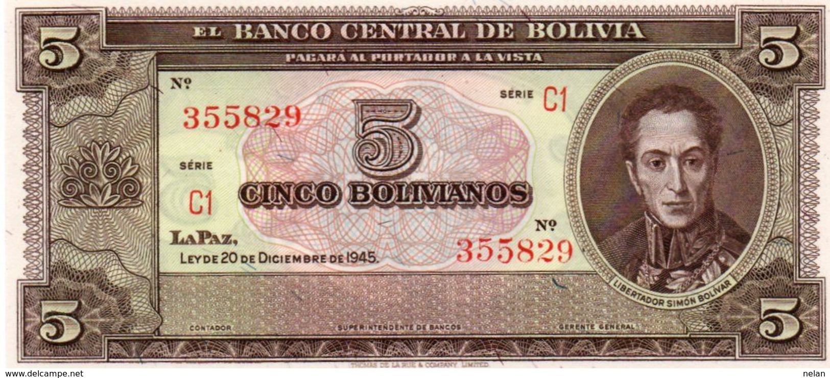 BOLIVIA 5 BOLIVIANOS 1945 P-138d   UNC - Bolivia