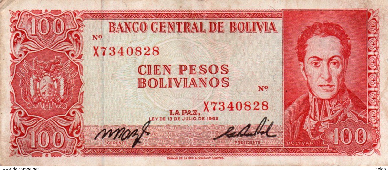 BOLIVIA 100 PESOS BOLIVIANOS 1962  P-163a  VF++  SERIE X 7340828 - Bolivia