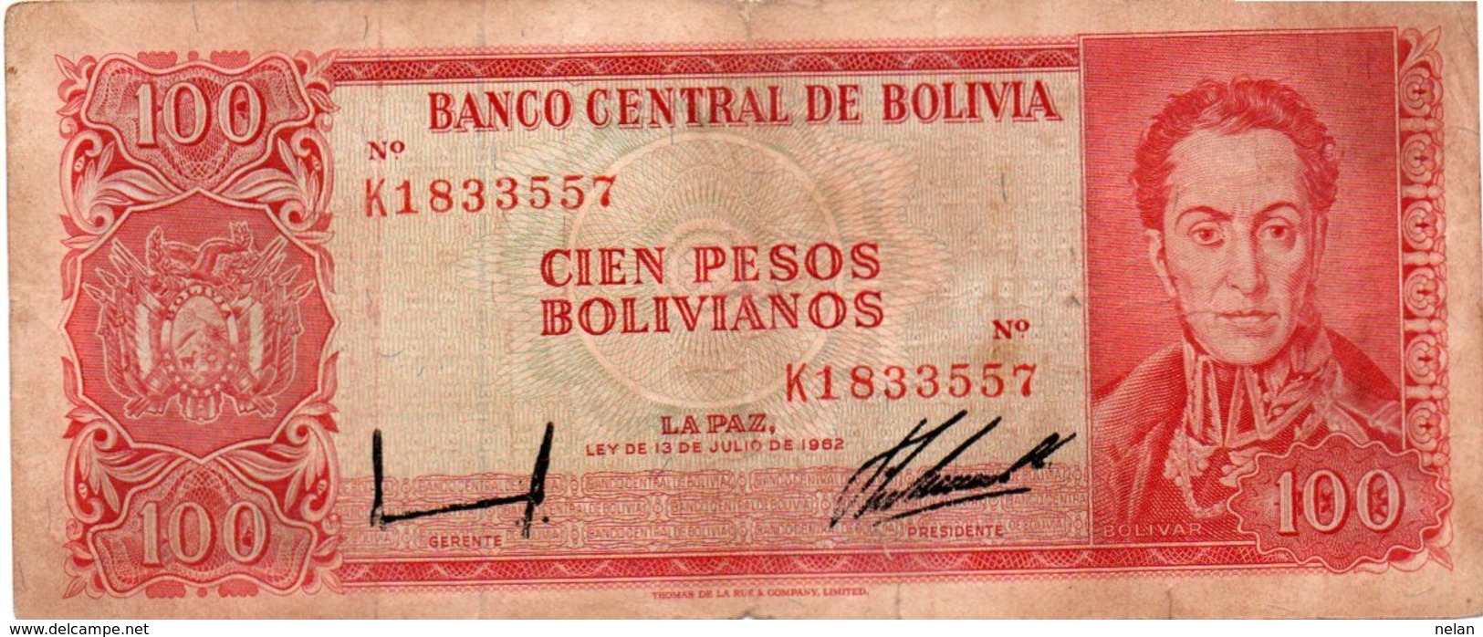 BOLIVIA 100 PESOS BOLIVIANOS 1962  P-163a  CIRC   SERIE RED K 1833557 - Bolivie