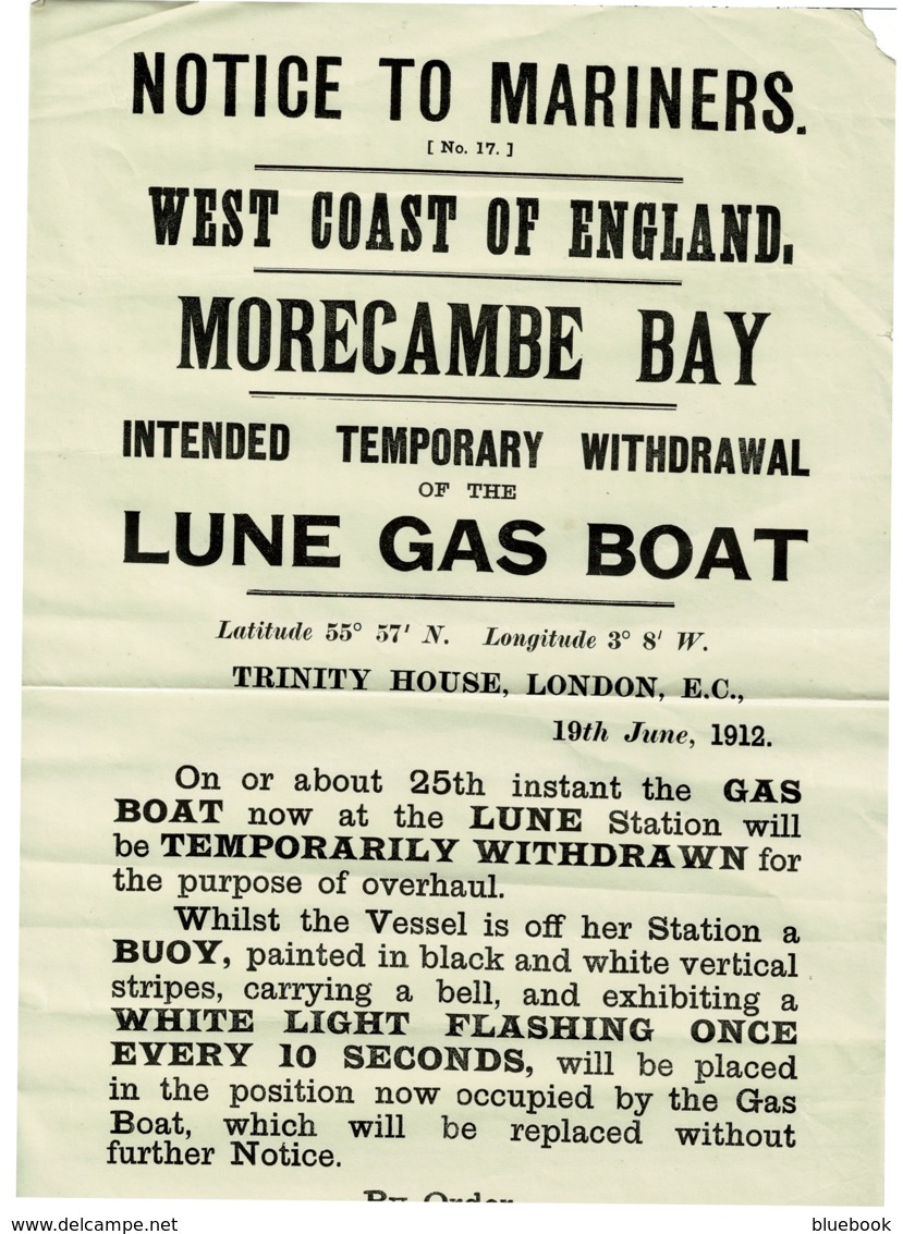 Ref 1383 - Rare 1912 Maritime Trinity House Lighthouse Poster - Withdrawal Of Lune Gas Boat - Morecambe Lancashire - Europe