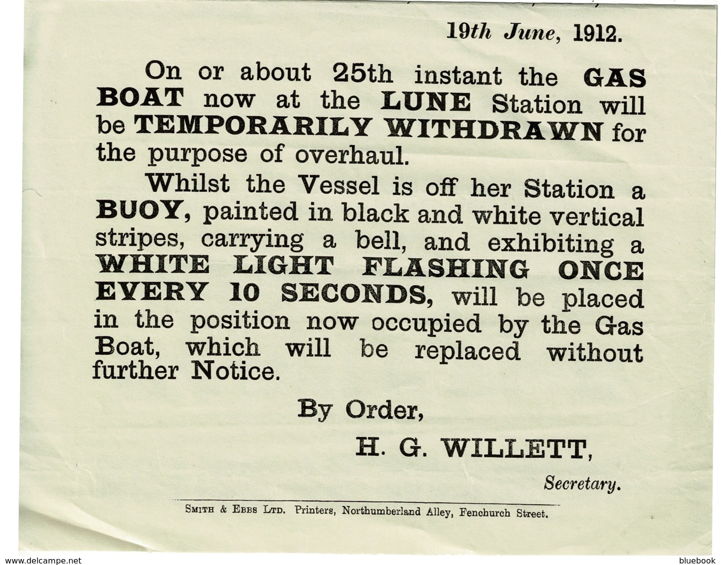 Ref 1383 - Rare 1912 Maritime Trinity House Lighthouse Poster - Withdrawal Of Lune Gas Boat - Morecambe Lancashire - Europe