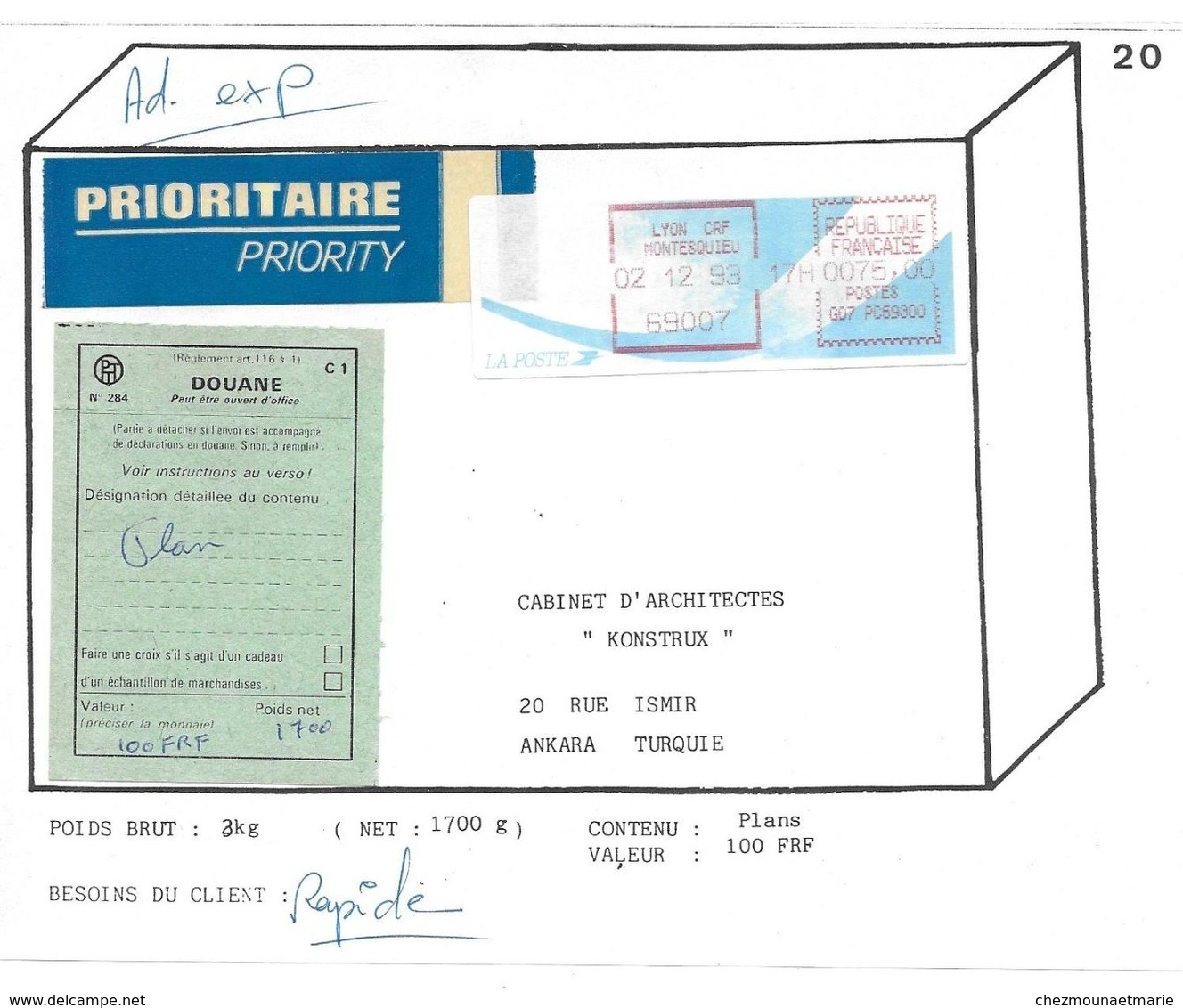 TIMBRE DISTRIBUTEUR 75 FRANCS LYON CRF MONTESQUIEU ETIQUETTE DOUANE POUR ANKARA TURQUIE - Otros & Sin Clasificación