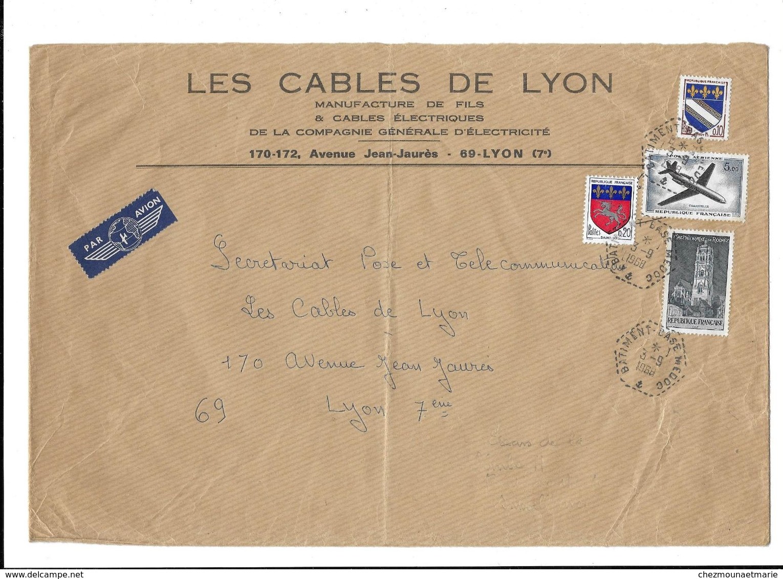 CABLES DE LYON OBL BATIMENT BASE MEDOC 1968 POSTE AERIENNE - SUR ENVELOPPE - 1960-.... Cartas & Documentos