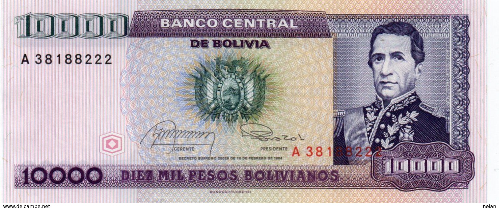 BOLIVIA 10000 PESOS BOLIVIANOS 1984 P-169a UNC - Bolivie