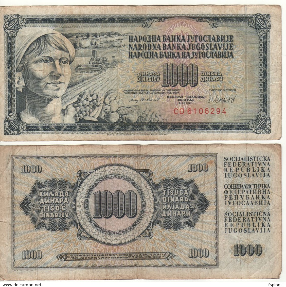 YUGOSLAVIA  1'000  Dinara   P92d  (  Peasant Woman  Dated 04.11.1981 ) - Autres - Europe