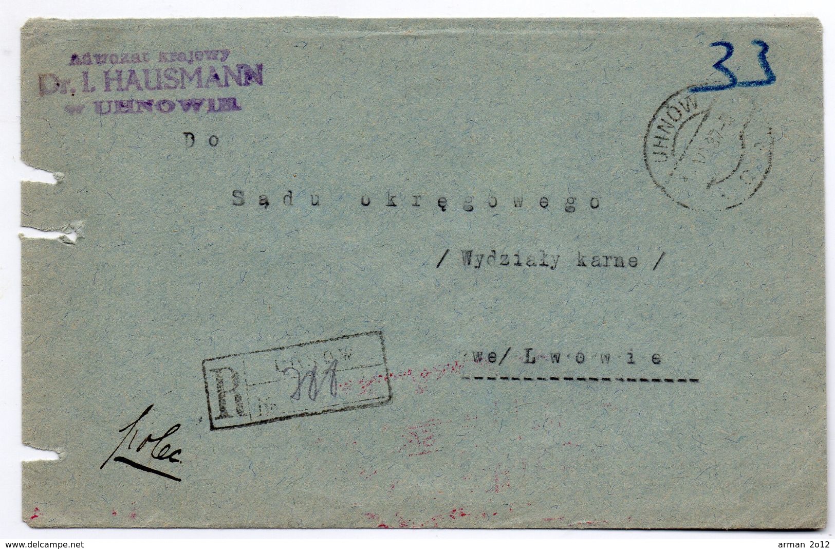 Advertising Ukraine Poland Registered Uhnow Lawyer 1937 - Covers & Documents