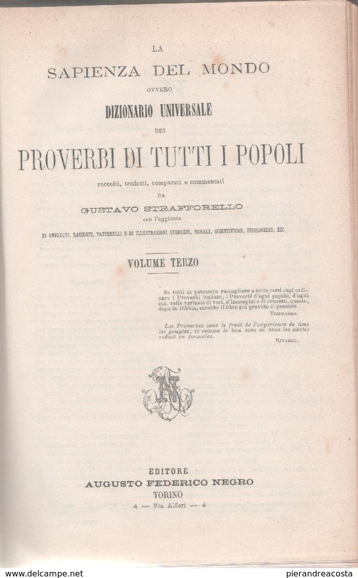 La Sapienza Del Mondo. Ovvero Dizionario Universale Dei Proverbi Di Tutti I Popoli - Gustavo Strafforello - Libri Antichi