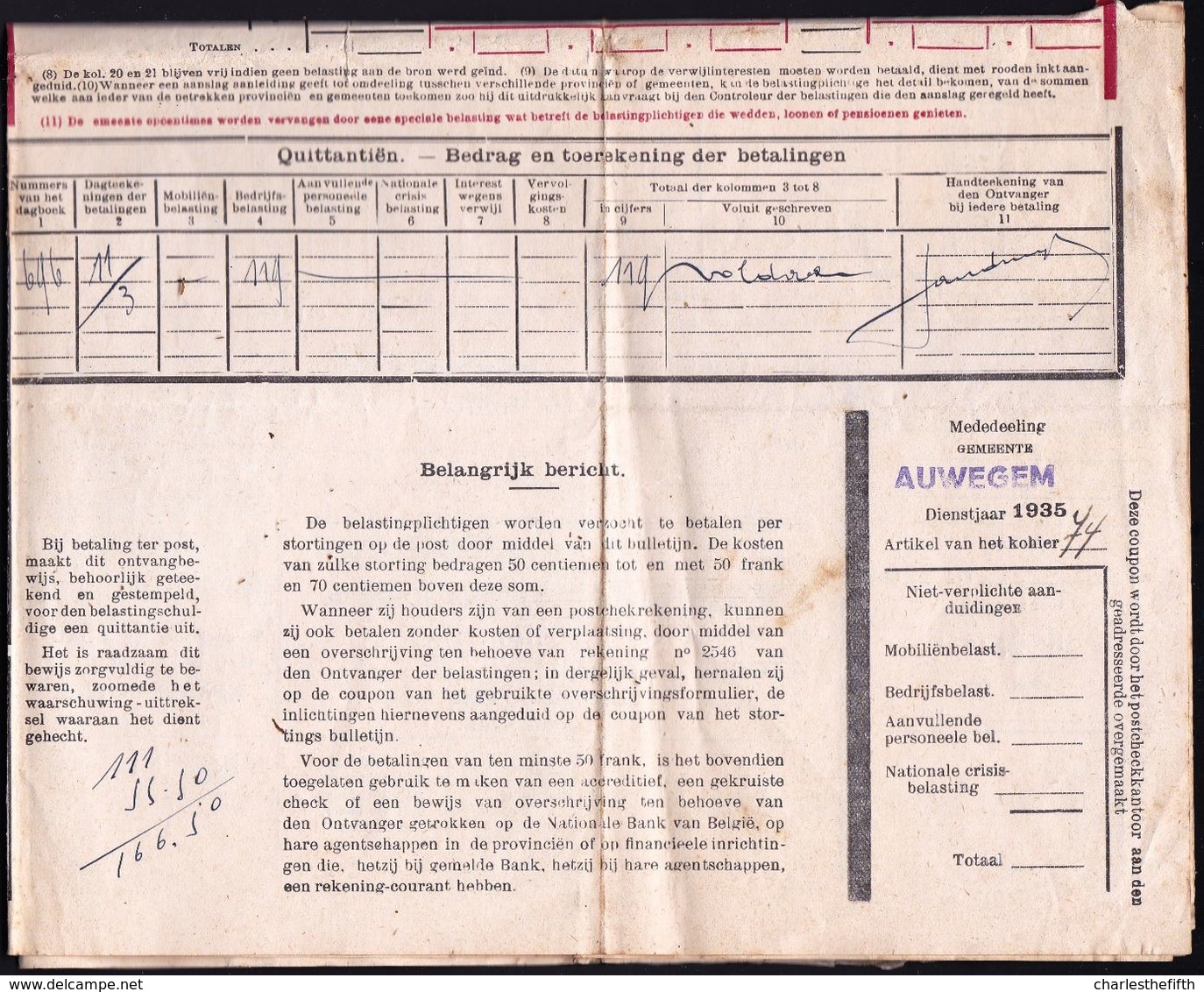 3 X ZELDZAME LANGSTEMPEL ** AUWEGEM ** GRIFFE - SUR LETTRE IMPOTS 1935 - RARE - Linear Postmarks