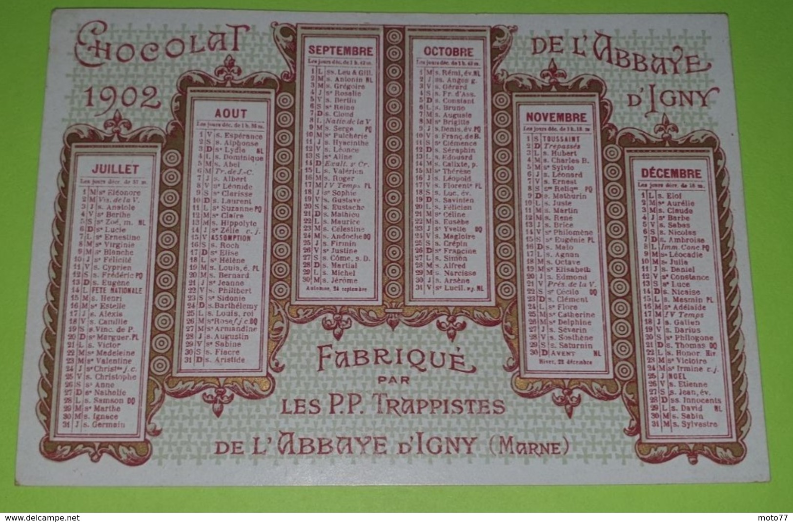 CALENDRIER 1902 - Publicité CHOCOLAT De L'ABBAYE D'IGNY (51) - Environ 11x7.5 - Bon état D'usage - Small : 1901-20