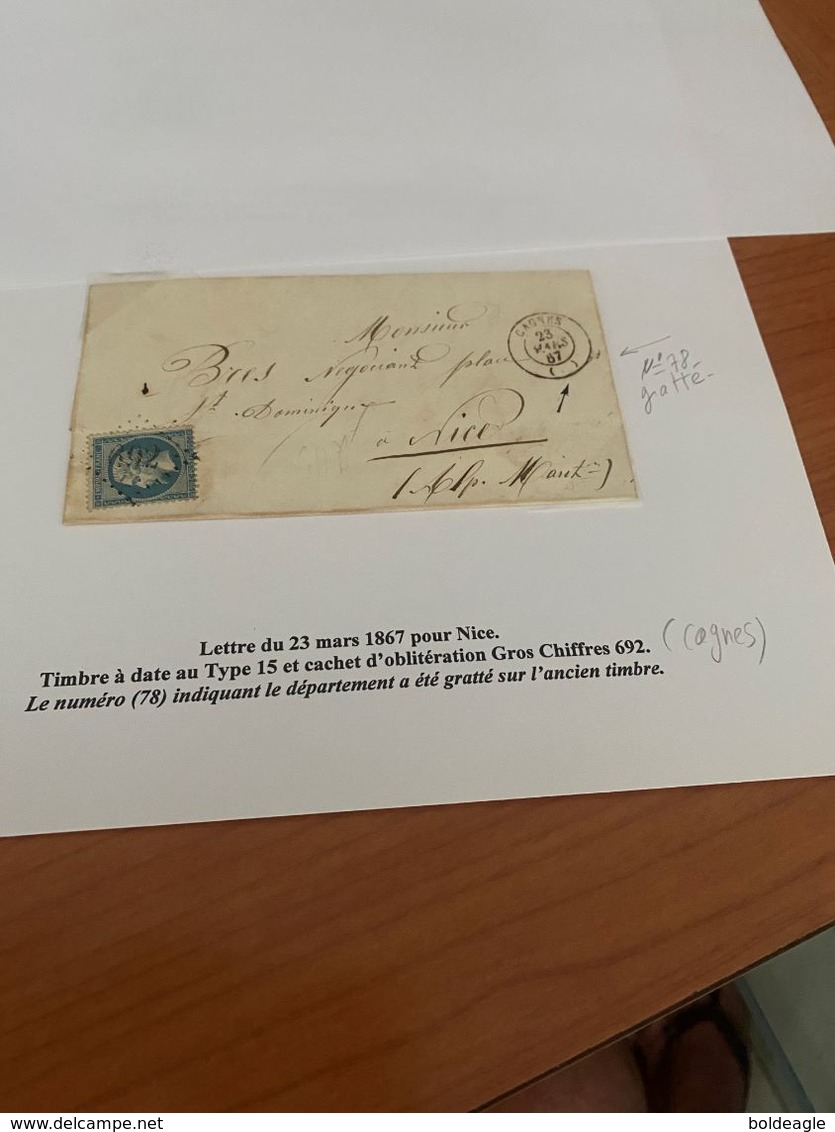 LETTRE DU 23/03/1867 POUR NICE -  GC 692  ( Cagnes ) -curiosité Num 78 ;gratté Sur Ancien Timbre   DESCRIPTIF VOIRE SCAN - 1849-1876: Classic Period