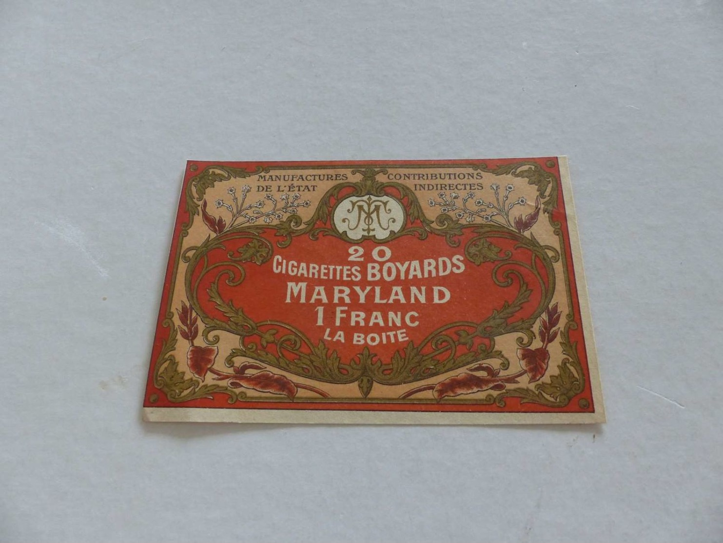 B-68 , Etiquette Cigarettes, Tabacs  , 20 Cigarettes Boyards Marylanf , 1 Franc La Boite - Autres & Non Classés