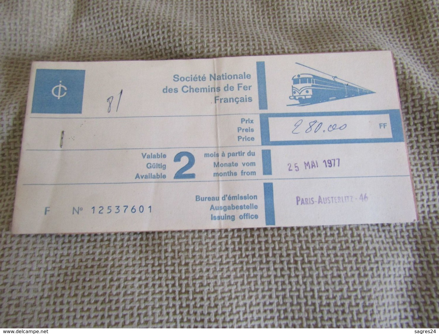 Ticket Chemins De Fer Français Paris - Austerlitz - 1977 - Europe