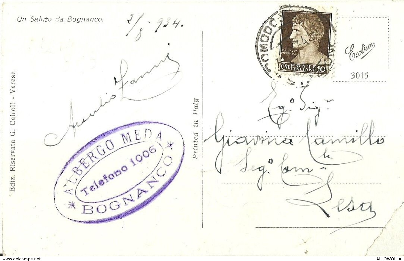 8561 " UN SALUTO DA BOGNANCO "TIMBRO ALBERGO MEDA-CARTOLINA POSTALE ORIGINALE SPEDITA 1934 - Souvenir De...