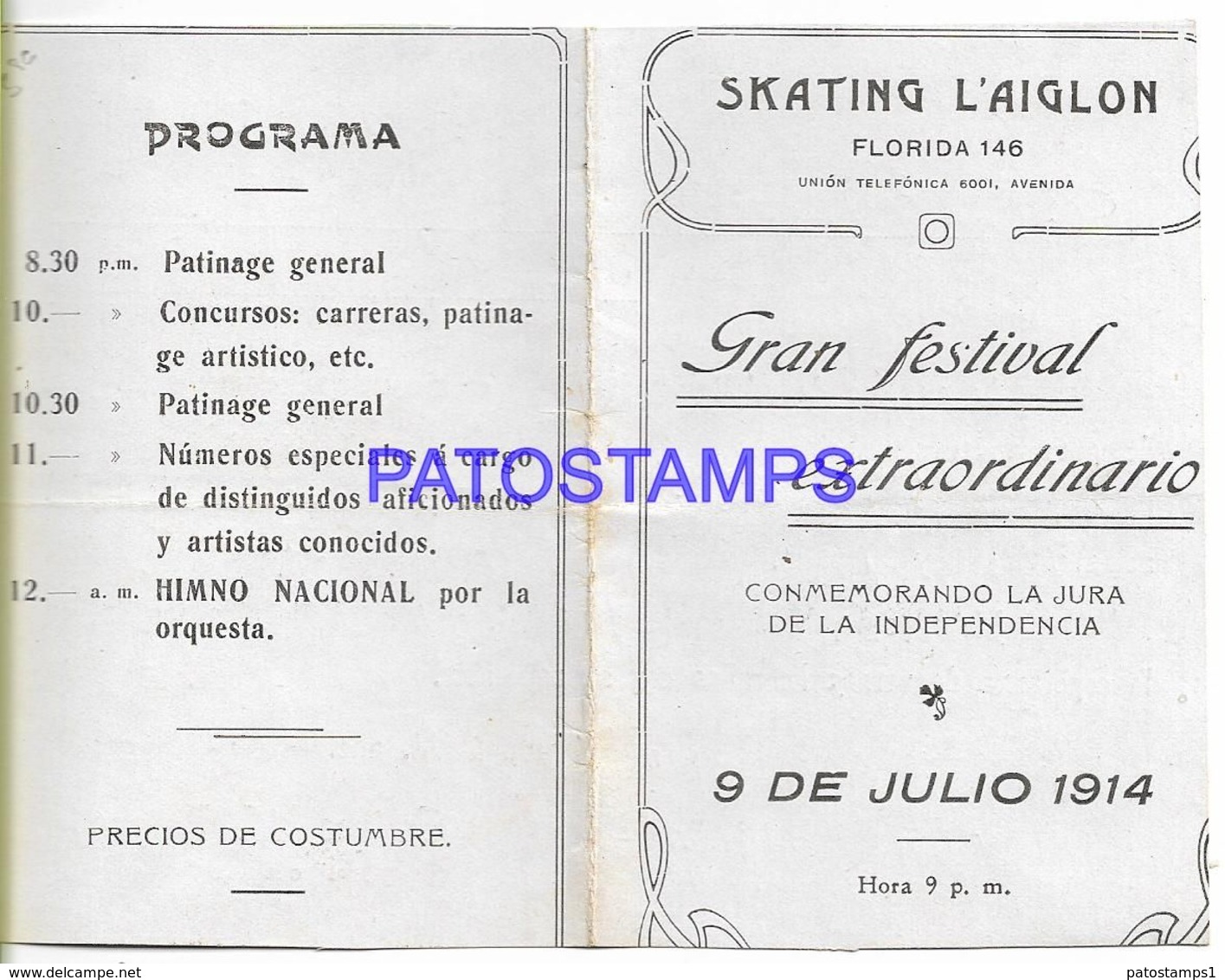 136692 ARGENTINA BUENOS AIRES SKATING L'AIGLON GRAN FESTIVAL PATINAJE SKATING PROGRAMA YEAR 1914 NO POSTAL POSTCARD - Other & Unclassified