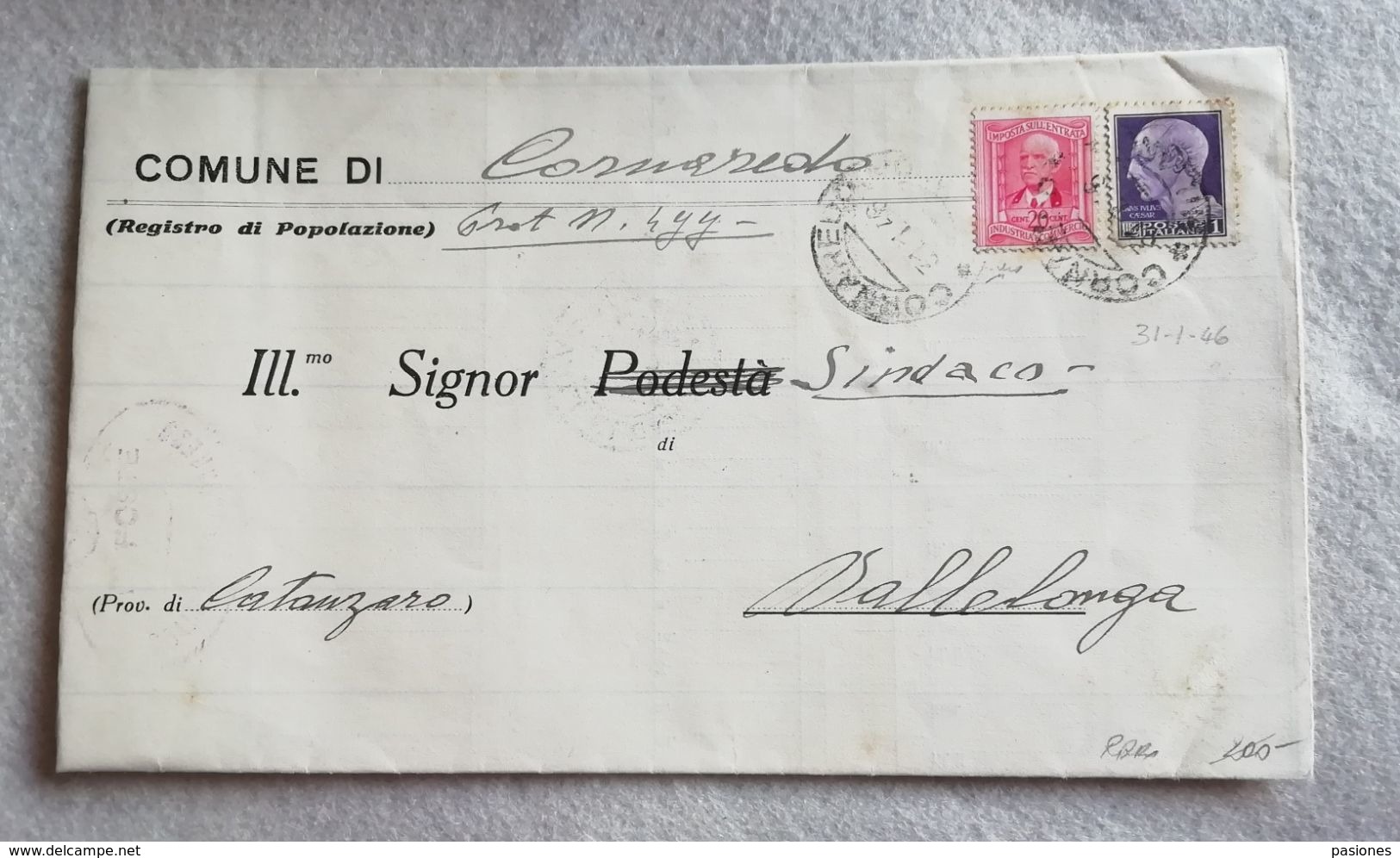 Corrispondenza Da Comune Di Cornaredo Per Sindaco Di Vallelonga 31/01/1946 Affrancata Con 20 Cent. Fiscale + 1 Lira - Fiscaux