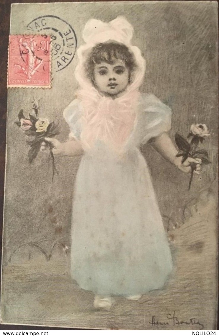 Cpa De 1906 Illustrateur Signée Henri BOUTET, Enfant-fillette, Bien Habillée, Avec Coiffe, Et Fleurs Dans Chaque Main - Boutet